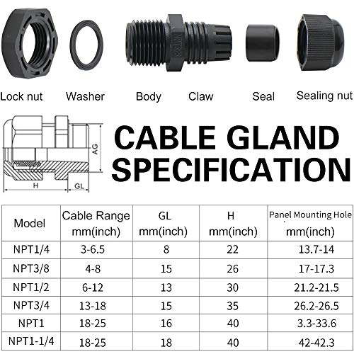 MAKERELE Cord Grip Cable Glands Kit for Electrical Box NPT Waterproof Nylon Strain Relief 1/4” 3/8” 1/2” 3/4” 1” 1-1/4” 50pcs Junction case Connector Black With Gaskets - Image 3