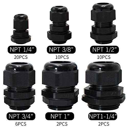 MAKERELE Cord Grip Cable Glands Kit for Electrical Box NPT Waterproof Nylon Strain Relief 1/4” 3/8” 1/2” 3/4” 1” 1-1/4” 50pcs Junction case Connector Black With Gaskets - Image 2