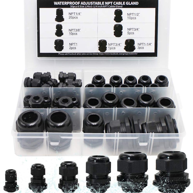 MAKERELE Cord Grip Cable Glands Kit for Electrical Box NPT Waterproof Nylon Strain Relief 1/4” 3/8” 1/2” 3/4” 1” 1-1/4” 50pcs Junction case Connector Black With Gaskets - Image 5