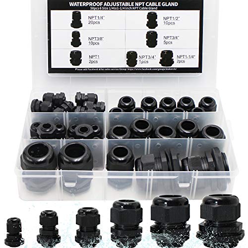MAKERELE Cord Grip Cable Glands Kit for Electrical Box NPT Waterproof Nylon Strain Relief 1/4” 3/8” 1/2” 3/4” 1” 1-1/4” 50pcs Junction case Connector Black With Gaskets - Image 1