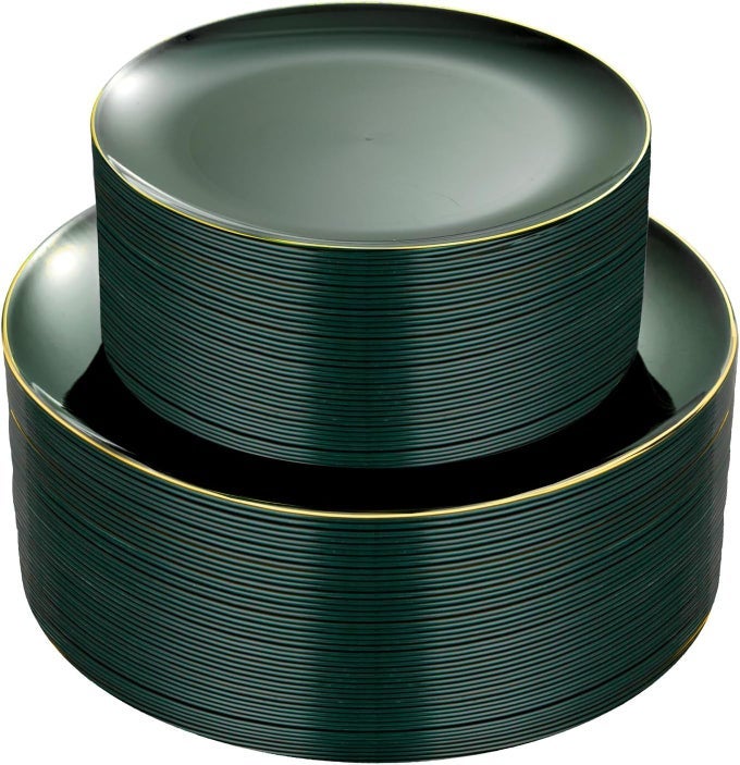 100PCS GREEN PLASTIC PLATES GREEN DISPOSABLE PLATES WITH GOLD RIM INCLUDE 50 PIECES DINNER 1025INCH50 PIECES DESSERT 75INCH FOR PARTYCHRISTMAS