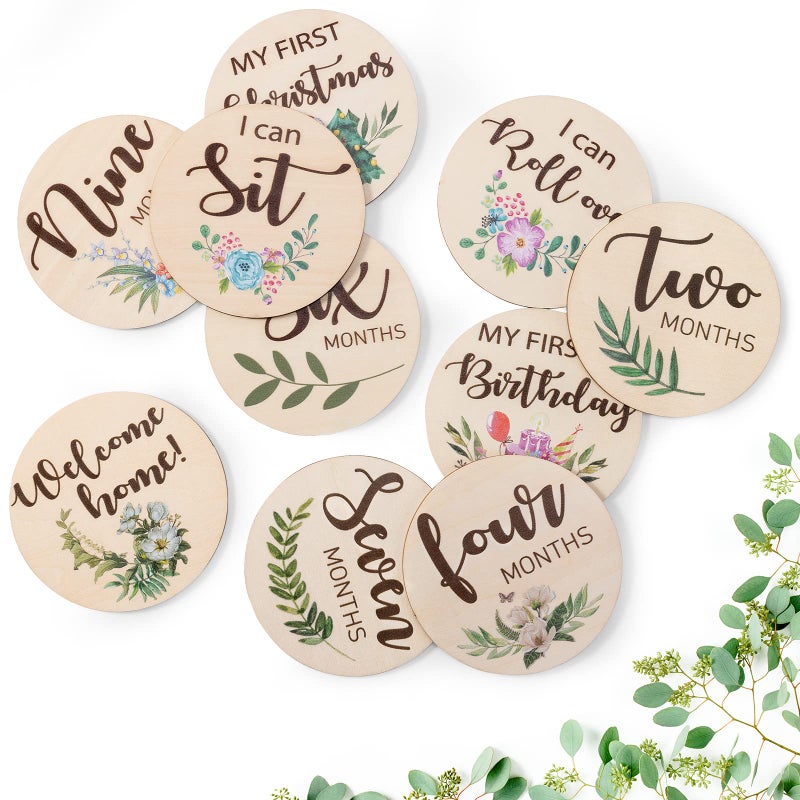 Giftacity Baby Monthly Milestone Cards Sign - 10 Double Sided Marker Wooden Circles Discs Newborn Photography Prop, Pregnancy Journey Birth Announcement Sign Baby Boy and Girl Gift Sets - Image 1