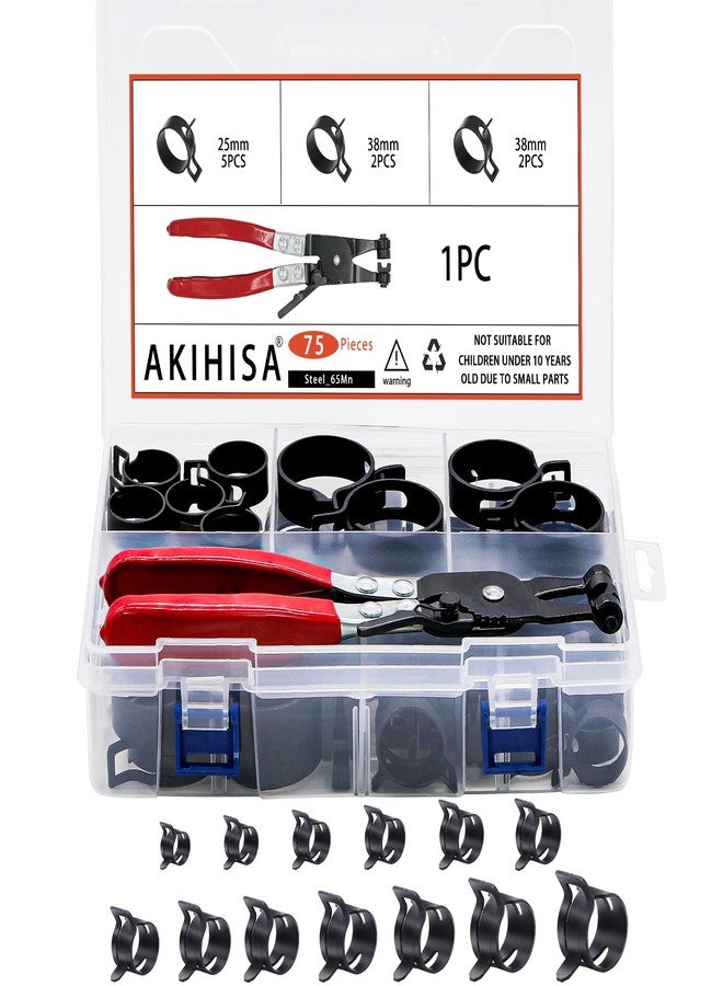 AKIHISA 75Pcs 19-38mm Spring Band Hose Clamp Assortment Kit with Hose Clamp Pliers, 13 Sizes Spring Hose Clip Fuel Line Silicone Vacuum Hose Pipe Clamp, Air Hose Tube Water Pipe Fasteners - Image 1