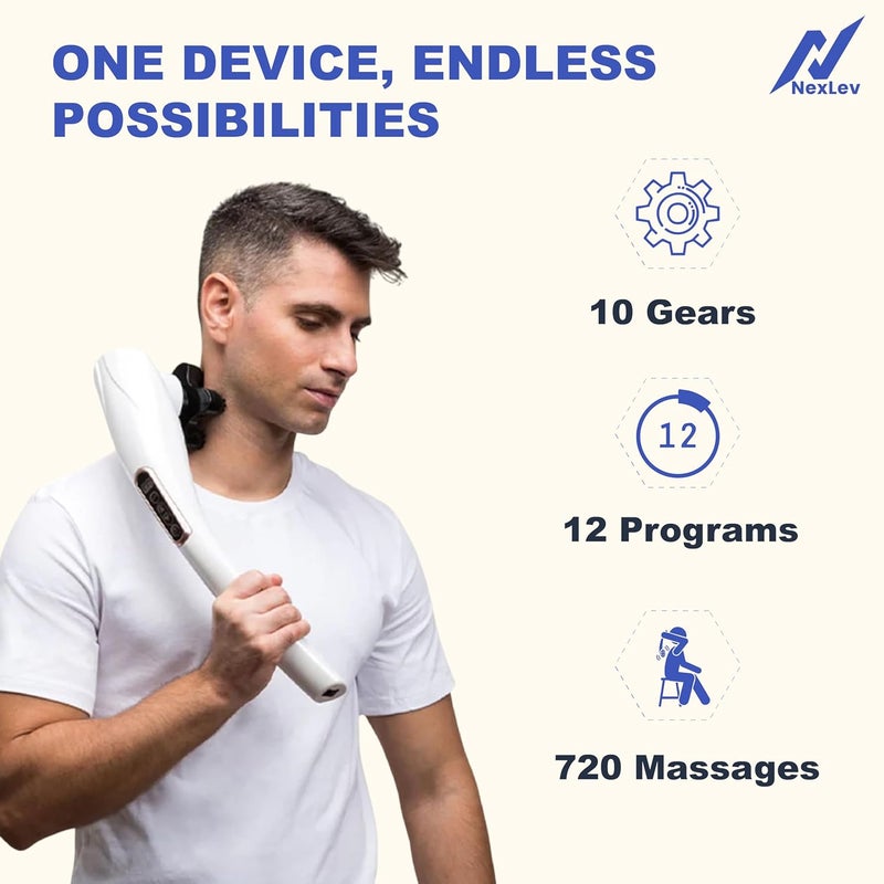 nexlev مدلك جسم لاسلكي | تخفيف آلام الرقبة والكتف والظهر والساقين والفخذين | 10 مستويات شدة و12 وضعية | 8 ملحقات | تدليك عميق للأنسجة لتخفيف كامل للألم | مؤشر الشحن | PM-01 - Image 4