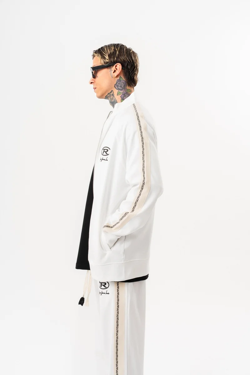 RESPIRE Men's FFB Striped Stand Collar Doubleface Zip Oversize Sweatshirt Ecru