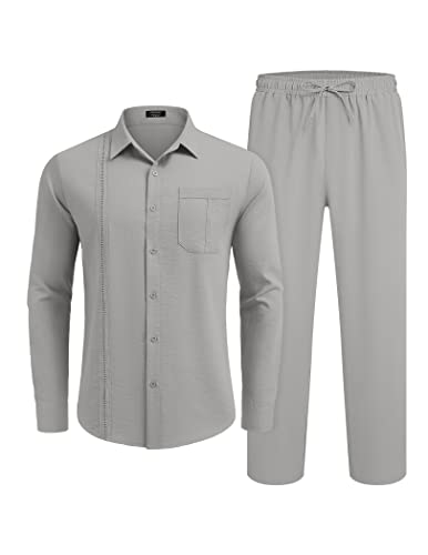 COOFANDY Mens Coordinated Outfit 2 Piece Linen Sets Casual Long Sleeve Button Down Cuban Shirt and Loose Pants Set Beach Vacation, Grey, Medium - Image 4
