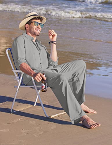 COOFANDY Mens Coordinated Outfit 2 Piece Linen Sets Casual Long Sleeve Button Down Cuban Shirt and Loose Pants Set Beach Vacation, Grey, Medium - Image 3