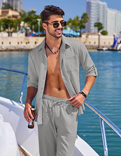 COOFANDY Mens Coordinated Outfit 2 Piece Linen Sets Casual Long Sleeve Button Down Cuban Shirt and Loose Pants Set Beach Vacation, Grey, Medium - Image 2
