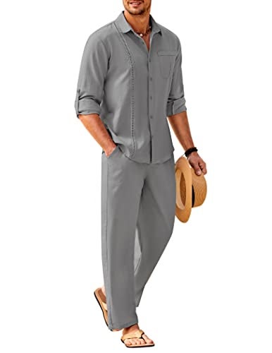 COOFANDY Mens Coordinated Outfit 2 Piece Linen Sets Casual Long Sleeve Button Down Cuban Shirt and Loose Pants Set Beach Vacation, Grey, Medium - Image 1