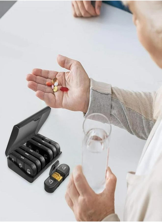 Upgraded Professional XL Weekly Pill Organizer, Twice-a-Day Easy Open Pill Case, Privacy-Protected & Light-Proof Design for Vitamins, Medications, Supplements & Fish Oils (Black)