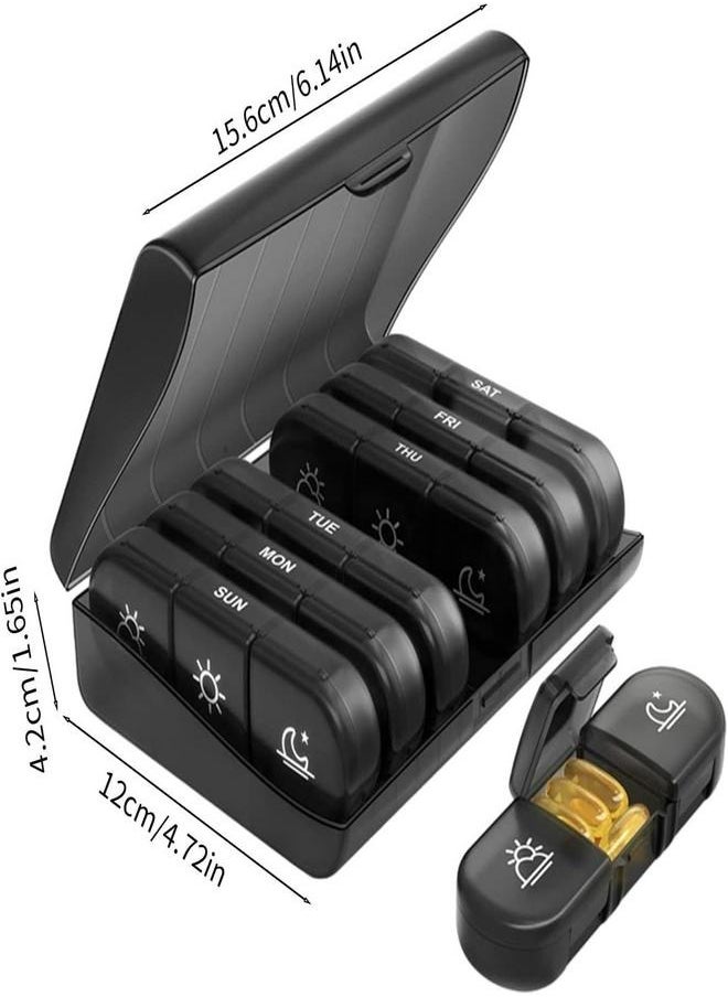 Upgraded Professional XL Weekly Pill Organizer, Twice-a-Day Easy Open Pill Case, Privacy-Protected & Light-Proof Design for Vitamins, Medications, Supplements & Fish Oils (Black)