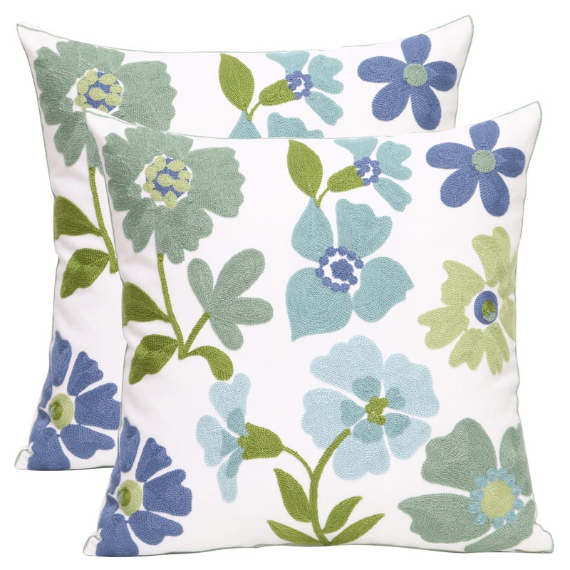 Pilmandu Pack of 2 Embroidered Decorative Throw Pillow Cover 18x18 Inch Farmhouse Floral Pillowcase for Living Room Sofa Bed (Grass Flower) - Image 1