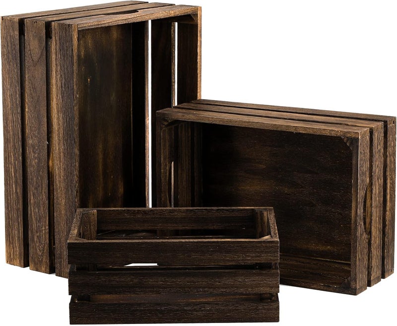 ZOOFOX Set of 3 Nesting Wooden Crates, Rustic Wood Basket with Handles, Decorative Farmhouse Wooden Storage Container Boxes for Party, Office, Bedroom, Kitchen and Closet - Image 3