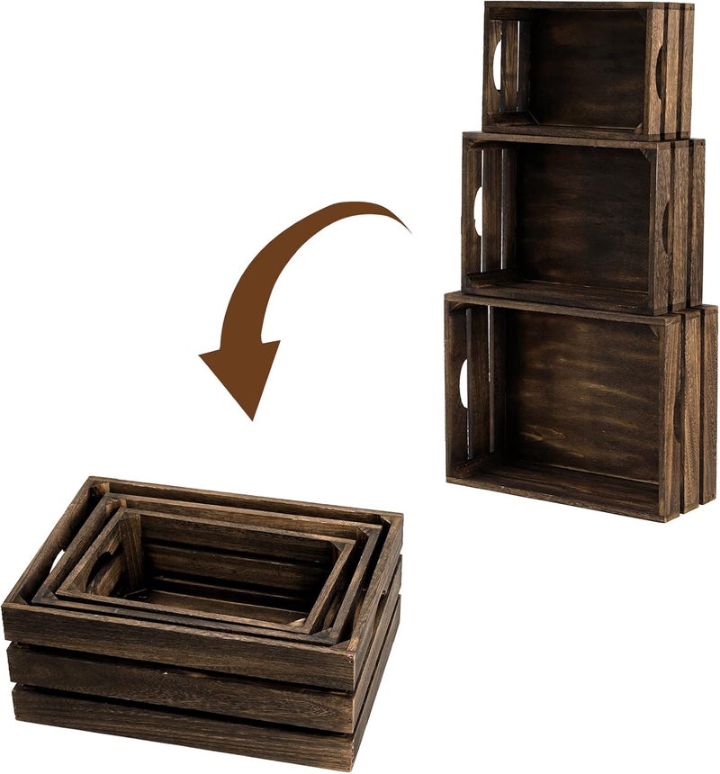ZOOFOX Set of 3 Nesting Wooden Crates, Rustic Wood Basket with Handles, Decorative Farmhouse Wooden Storage Container Boxes for Party, Office, Bedroom, Kitchen and Closet - Image 4