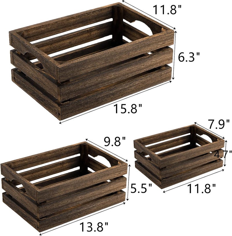 ZOOFOX Set of 3 Nesting Wooden Crates, Rustic Wood Basket with Handles, Decorative Farmhouse Wooden Storage Container Boxes for Party, Office, Bedroom, Kitchen and Closet - Image 2