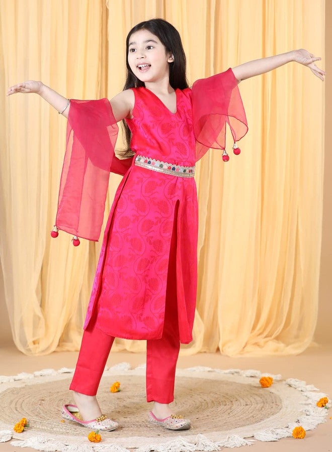 PICCOLO Traditional Little Girl's Clothing Set for Kids/V Neck Sleeveless Kurta Pant Set with Dupatta with Belt - Pink - Image 3