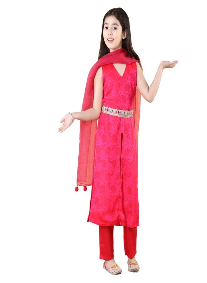 PICCOLO Traditional Little Girl's Clothing Set for Kids/V Neck Sleeveless Kurta Pant Set with Dupatta with Belt - Pink - Image 1