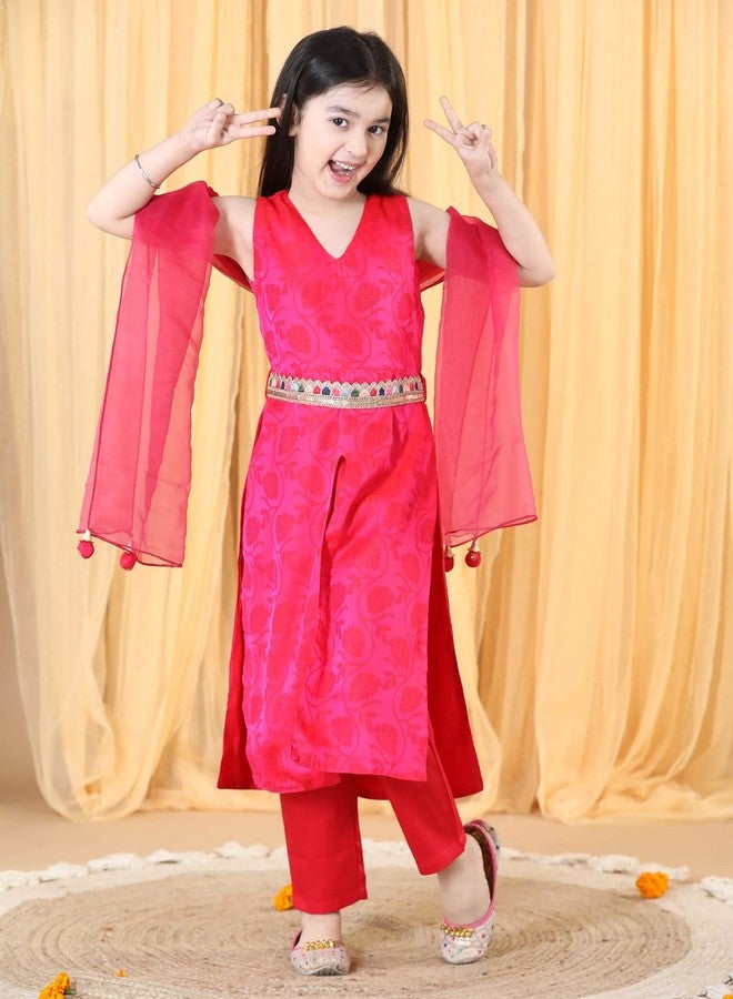 PICCOLO Traditional Little Girl's Clothing Set for Kids/V Neck Sleeveless Kurta Pant Set with Dupatta with Belt - Pink - Image 4