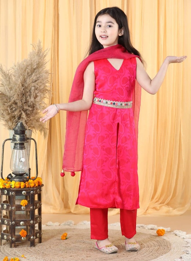 PICCOLO Traditional Little Girl's Clothing Set for Kids/V Neck Sleeveless Kurta Pant Set with Dupatta with Belt - Pink - Image 2