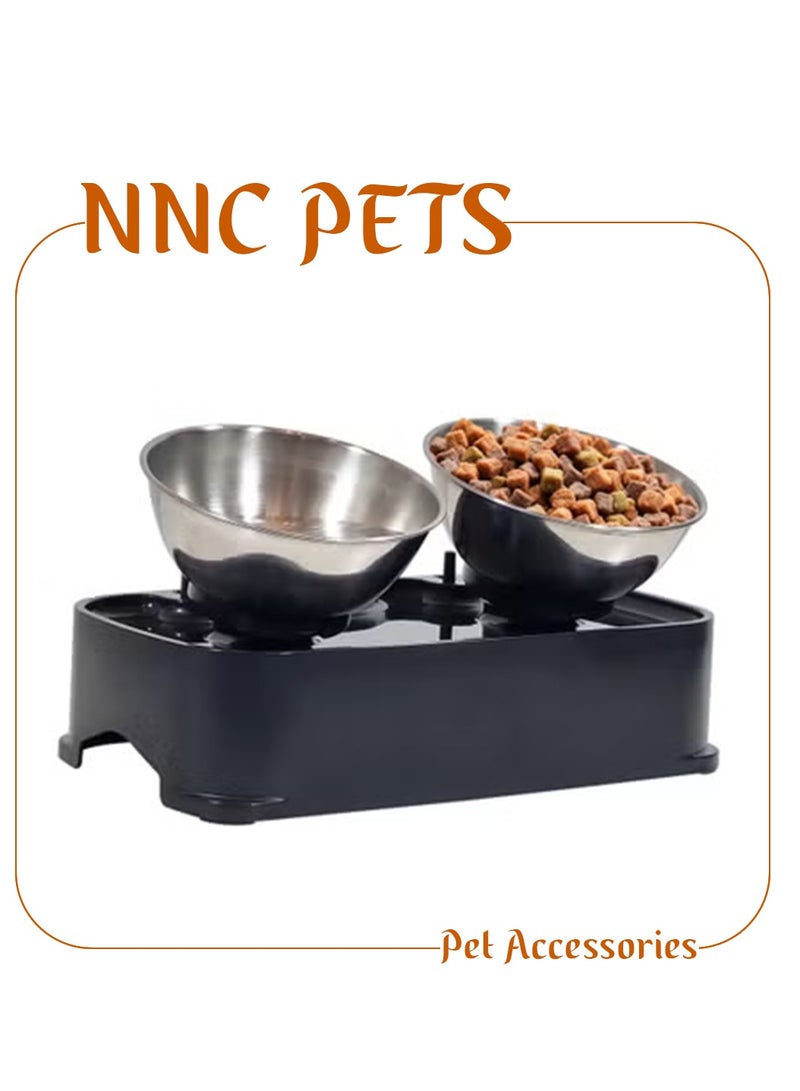 NNC PETS Adjustable cat bowl with Stainless steel bowls and Non-slip bottom, 150 Inclined raised pet feeder for cats and small dogs, Pet food & water station 30 cm (Black) - Image 1