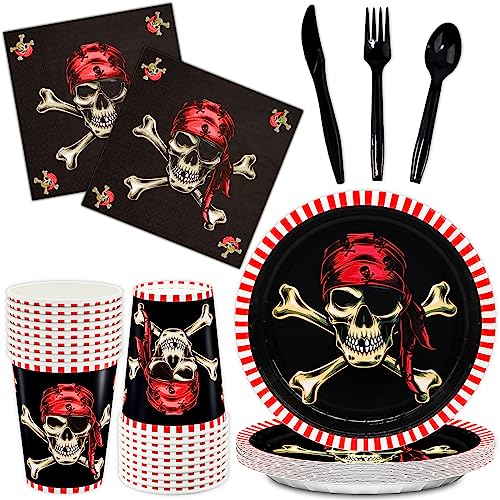 DYLIVeS Pirate Party Supplies Red Pirate Themed Party Decorations Skull Corssbone Pirate Birthday Party Favors for Kids Boys Tableware Set 9 inch Paper Plates Napkins Cups Cutlery Serves 24 144pcs - Image 1