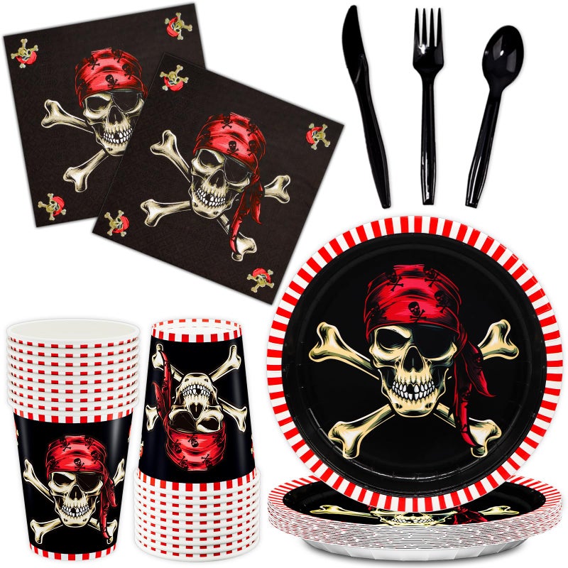 DYLIVeS Pirate Party Supplies Red Pirate Themed Party Decorations Skull Corssbone Pirate Birthday Party Favors for Kids Boys Tableware Set 9 inch Paper Plates Napkins Cups Cutlery Serves 24 144pcs - Image 2
