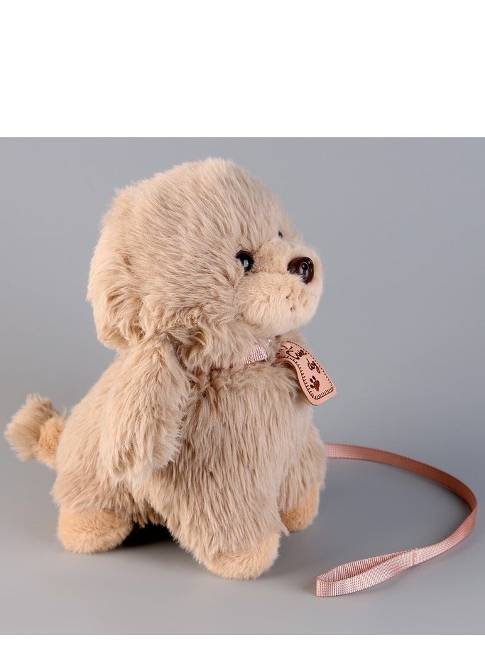 جرو قطيفة ناعم بلون بيج مع سلسلة زهرية وبطاقة جلدية - Image 4