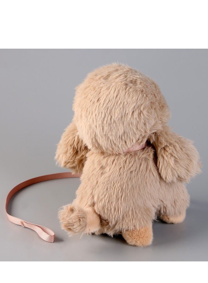 جرو قطيفة ناعم بلون بيج مع سلسلة زهرية وبطاقة جلدية - Image 3