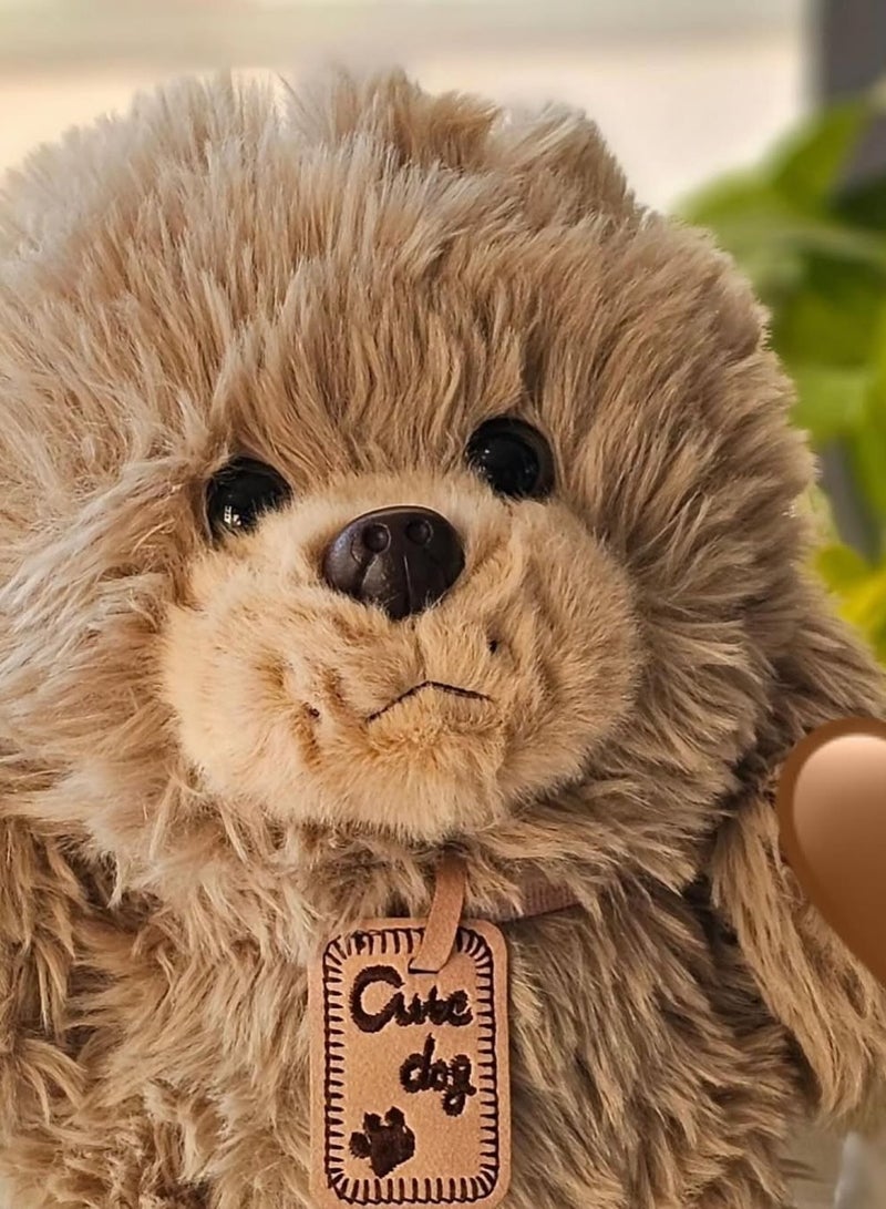 جرو قطيفة ناعم بلون بيج مع سلسلة زهرية وبطاقة جلدية - Image 2