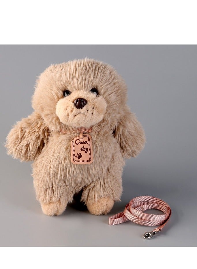 جرو قطيفة ناعم بلون بيج مع سلسلة زهرية وبطاقة جلدية - Image 1