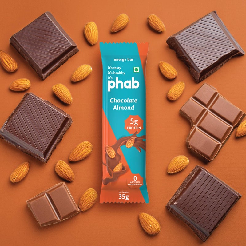 Phab Chocolate Almond 5g Protein Bar| Energy & nutrition | High Fibre & Gut-friendly | Sweetened with Honey,Trans Fat Free & No Preservatives | Loaded With 21% Nuts | Healthy & Tasty (Pack of 6 x 35g) - Image 4