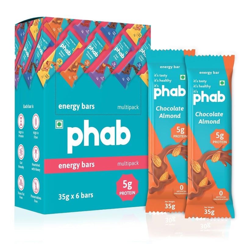 Phab Chocolate Almond 5g Protein Bar| Energy & nutrition | High Fibre & Gut-friendly | Sweetened with Honey,Trans Fat Free & No Preservatives | Loaded With 21% Nuts | Healthy & Tasty (Pack of 6 x 35g) - Image 1