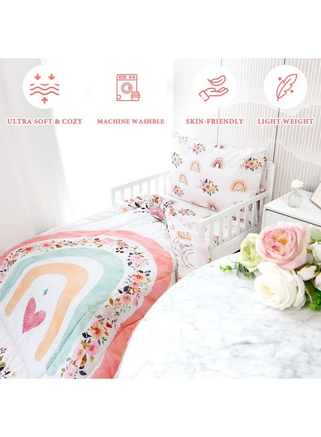 Pea Pod أطقم سرير للأطفال الصغار للفتيات، طقم سرير ق crib قوس قزح 4 قطع بتصميم زهور وردية يشمل ملاءة علوية مسطحة، ملاءة مشدودة، لحاف، غلاف وسادة، ناعم ومريح - Image 5
