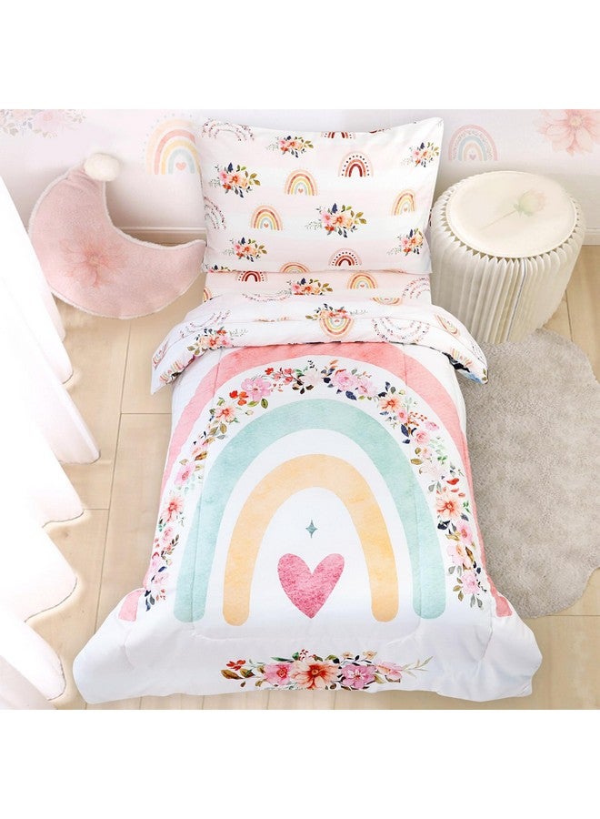 Pea Pod أطقم سرير للأطفال الصغار للفتيات، طقم سرير ق crib قوس قزح 4 قطع بتصميم زهور وردية يشمل ملاءة علوية مسطحة، ملاءة مشدودة، لحاف، غلاف وسادة، ناعم ومريح - Image 1