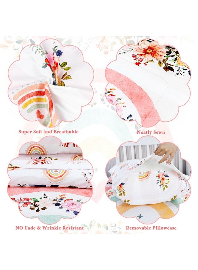 Pea Pod أطقم سرير للأطفال الصغار للفتيات، طقم سرير ق crib قوس قزح 4 قطع بتصميم زهور وردية يشمل ملاءة علوية مسطحة، ملاءة مشدودة، لحاف، غلاف وسادة، ناعم ومريح - Image 3