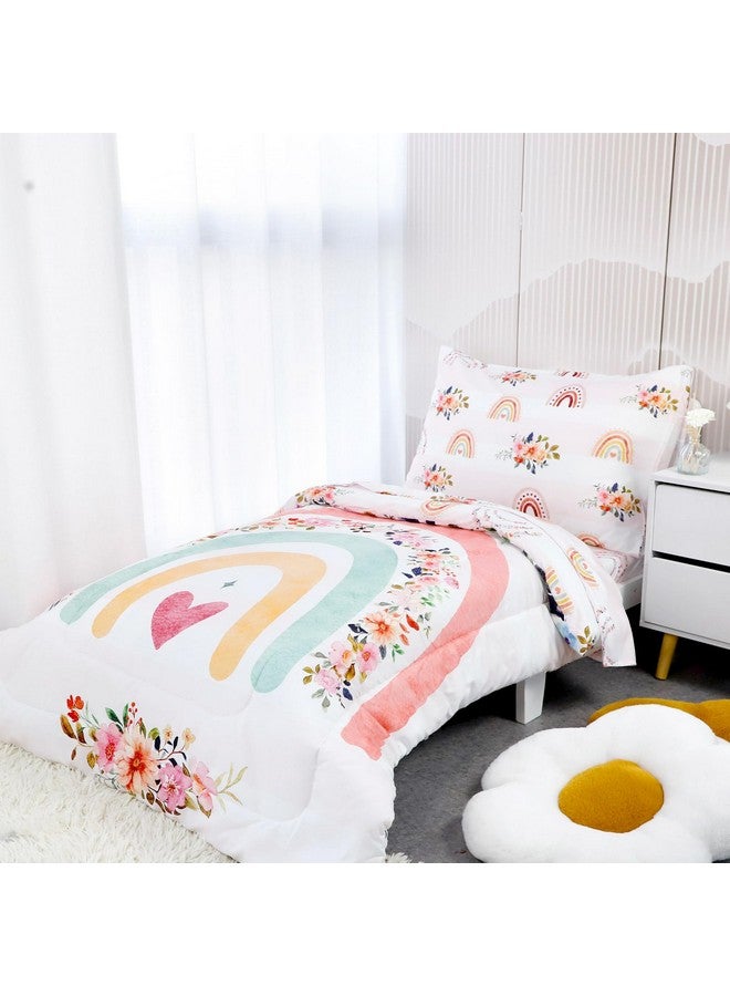 Pea Pod أطقم سرير للأطفال الصغار للفتيات، طقم سرير ق crib قوس قزح 4 قطع بتصميم زهور وردية يشمل ملاءة علوية مسطحة، ملاءة مشدودة، لحاف، غلاف وسادة، ناعم ومريح - Image 2