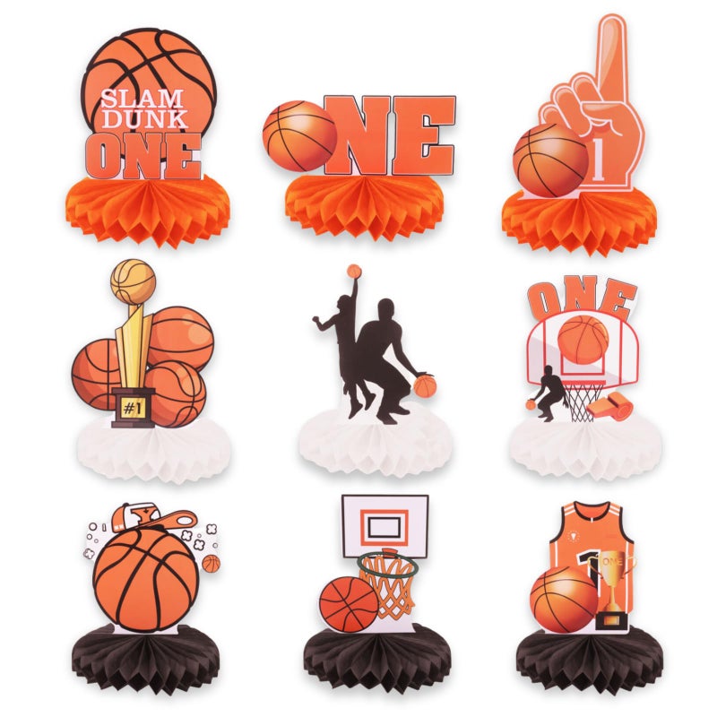 RANERVZ 9 Pack Basketball Honeycomb Centerpieces First Birthday Party Table Decorations Basketball Table Topper Sign Decors Tabletop Centerpieces For One Birthday Baby Shower Gameday Tailgate Party Supplies - Image 1