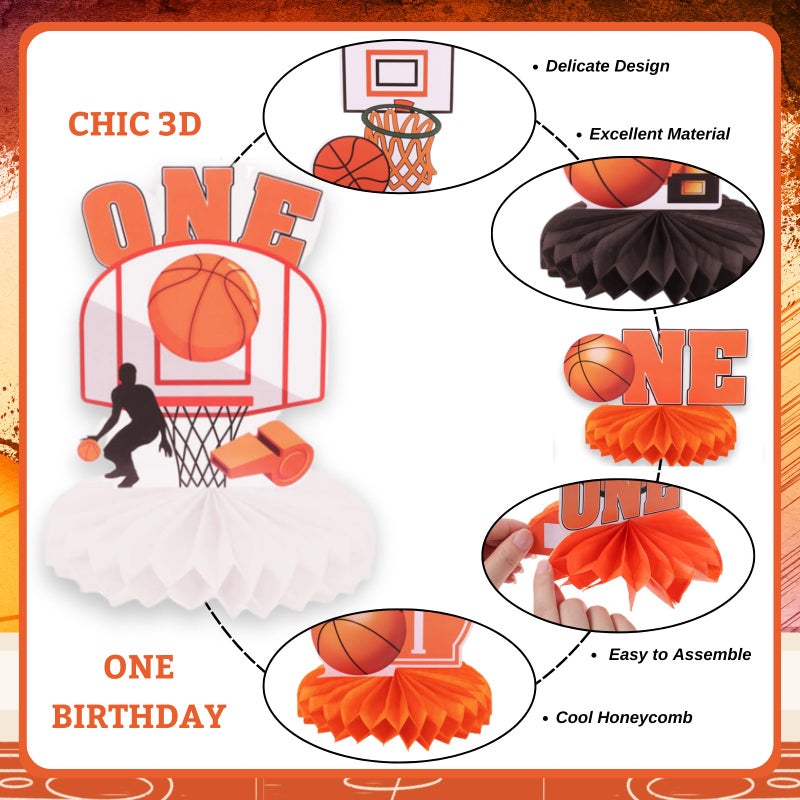RANERVZ 9 Pack Basketball Honeycomb Centerpieces First Birthday Party Table Decorations Basketball Table Topper Sign Decors Tabletop Centerpieces For One Birthday Baby Shower Gameday Tailgate Party Supplies - Image 3