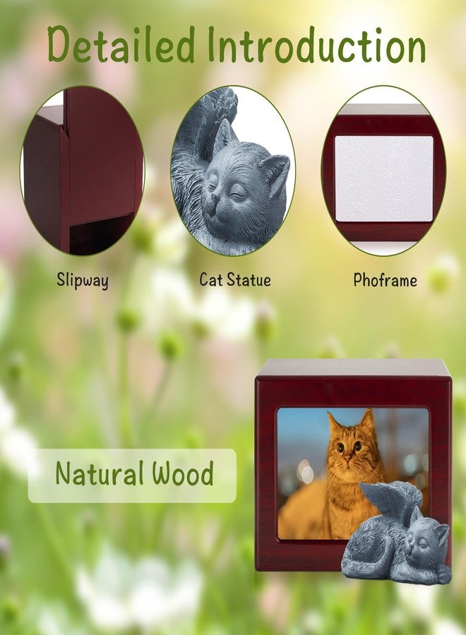 DiDiBirDi Pet Urns for Cats,Wooden Cat Ashes Keepsake Cat Urn for Ashes,Cat Photo Urn, Urns for Cat Ashes, Pet Cremation Box with Resin Cat Angel Statue and Ashes Bag - Image 2