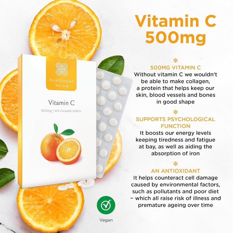 Healthspan Vitamin C 500mg 160 Chewable Tablets Supports Immune Nervous Systems Boosts Energy Levels Psychological Function Added Natural Citrus Bioflavonoids Free of Aspartame Vegan - Image 2