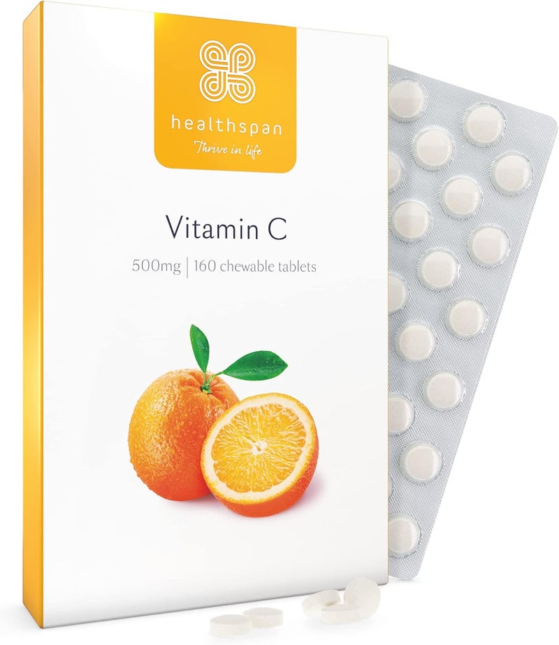 Healthspan Vitamin C 500mg 160 Chewable Tablets Supports Immune Nervous Systems Boosts Energy Levels Psychological Function Added Natural Citrus Bioflavonoids Free of Aspartame Vegan - Image 1