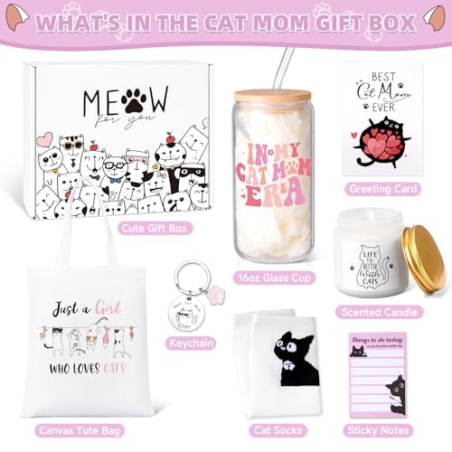 Giftissimo Cat Lover Gifts for Women, Cat Mom Gifts, Cat‘s Themed Gift for Christmas Mother's Day Birthdays, Gift for Cats Lovers for Crazy Cats Lady Mom Daughters with Canvas Bag Glass Cup Scented Candle Socks - Image 2