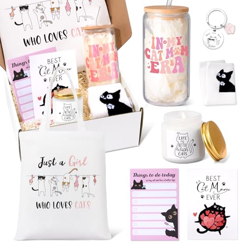 Giftissimo Cat Lover Gifts for Women, Cat Mom Gifts, Cat‘s Themed Gift for Christmas Mother's Day Birthdays, Gift for Cats Lovers for Crazy Cats Lady Mom Daughters with Canvas Bag Glass Cup Scented Candle Socks - Image 1