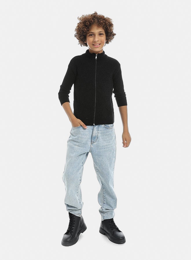 Andora Self Patterened Full Zipper Closure Velvet Sweater - Black - Image 5