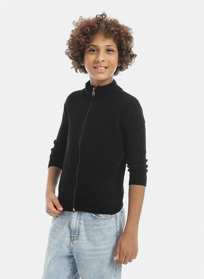 Andora Self Patterened Full Zipper Closure Velvet Sweater - Black - Image 2