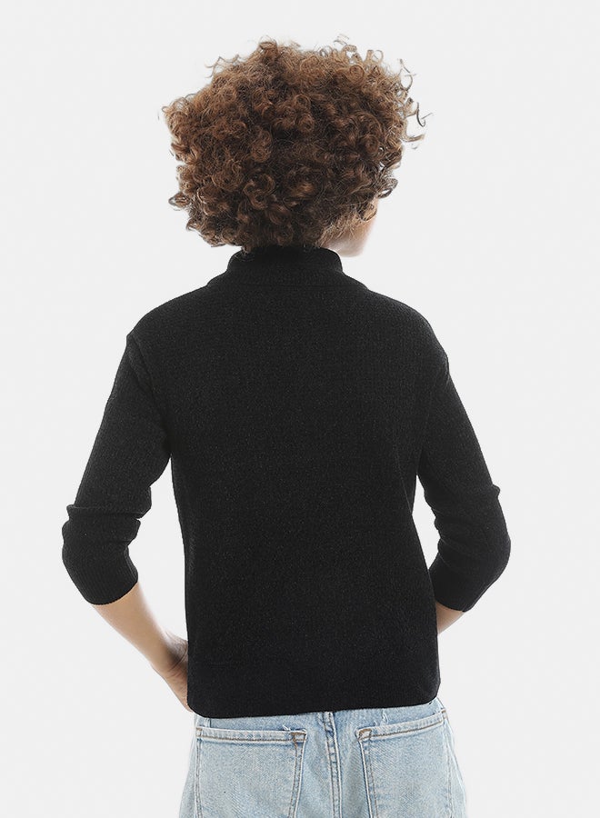 Andora Self Patterened Full Zipper Closure Velvet Sweater - Black - Image 3