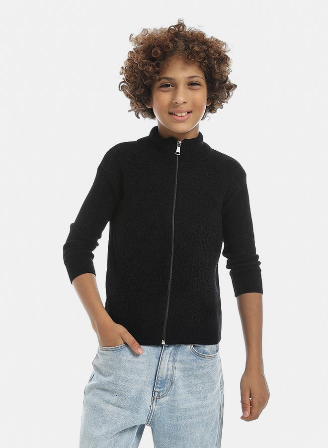 Andora Self Patterened Full Zipper Closure Velvet Sweater - Black - Image 1