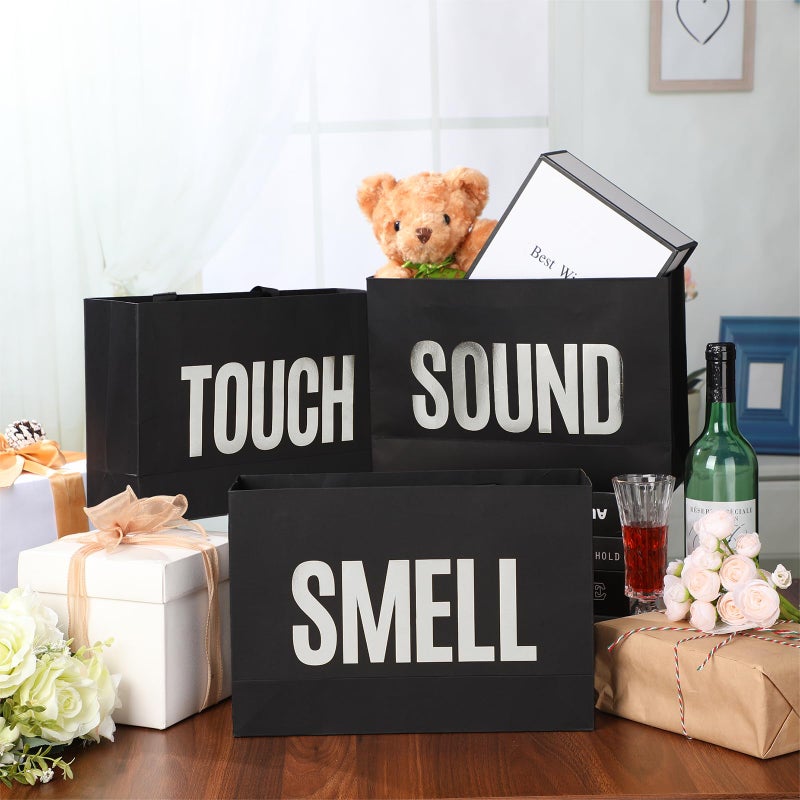 Kolldenn Valentine's Day 5 Senses Gift Bags for Him Her, Valentine Five Senses Gift Paper Kraft Bags with Ribbon Handle for Lover Husband Boyfriend Birthday Party(Black, Silver,12.6 x 8.7 x 4 Inch) - Image 3