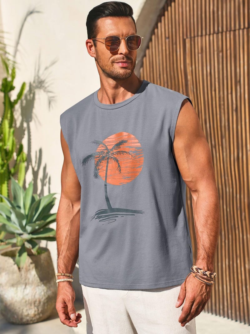 Runcati Mens Sleeveless Tank Tops Workout Gym Muscle Shirts Palm Tree Vintage Hawaiian Summer Beach T Shirts Gray - Image 3