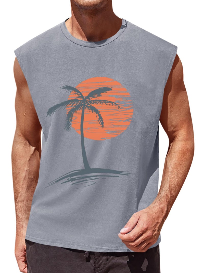 Runcati Mens Sleeveless Tank Tops Workout Gym Muscle Shirts Palm Tree Vintage Hawaiian Summer Beach T Shirts Gray - Image 1